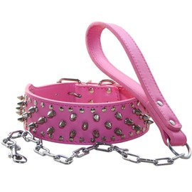 haoyueer Studded Dog Collars Punk Spiked Rivet with Stainless Buckle Soft Leather Chain Leash Combo Set Heavy Duty Fit Pitbull, Bulldog, Doberman (XL, Hot Pink)