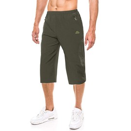EKLENTSON Men's 3/4 Jogging Bottoms, Tracksuit Bottoms, Capri Pants, Summer, Outdoor, Lightweight, Quick-Drying, Army Green