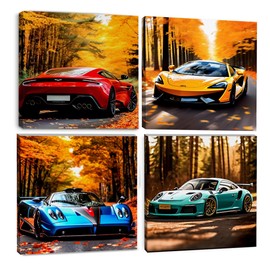 4PC Supercar Wall Art Sports Car Autumn Canvas Wall Art Framed Colorful Supercar Painting Picture Racing Car Garage Decor Autumn Landscape Modern Canvas Prints for Home Office Boys Room Men Bedroom