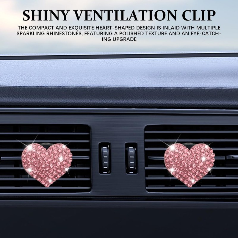4PCS Heart-Shaped Car Vent Clips with Rhinestone, Automotive Air Fresheners