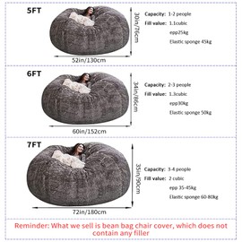 Giant Fur Bean Bag Chair Cover for Kids Adults, (No Filler) Living Room Furniture Big Round Soft Fluffy Faux Fur Beanbag Lazy Sofa Bed Cover (Snow red, 6FT)