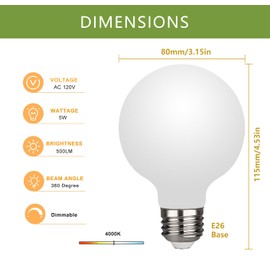 MEILUX 6 Pack G25(G80) Globe LED Light Bulbs, 5W Dimmable 40 Watt Equivalent LED Edison Bulbs, Neutral White 4000K, 500LM, E26 Base, Milky LED Filament Bulbs for Vanity Makeup Mirror