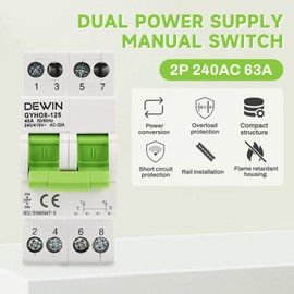 DEWIN Transfer Switch 2 Pin, Transfer Switch DIN Rail Manual Transfer Switch Dual Power Transfer Isolation Switch 2P 63A AC 230V