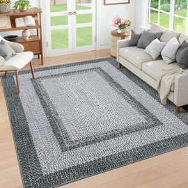 RUGSREAL 10x13 Large Living Room Rug Braided Print Rug Boho Accent Throw Carpet Farmhouse Rustic Dining Room Carpet Non Slip Geometric Bordered Bohemian Carpet for Bedroom Home Decor Office, Grey