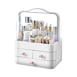 Makeup Organizer, Dustproof Cosmetic Storage Box with Portable Handle & Fully Open Waterproof Lid for Bathroom Countertop Bedroom Dresser (White)
