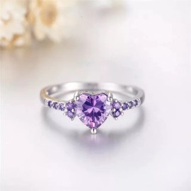 Dtup Anillo De Compromiso Corazón Morado Amatista Plata S925 Nf