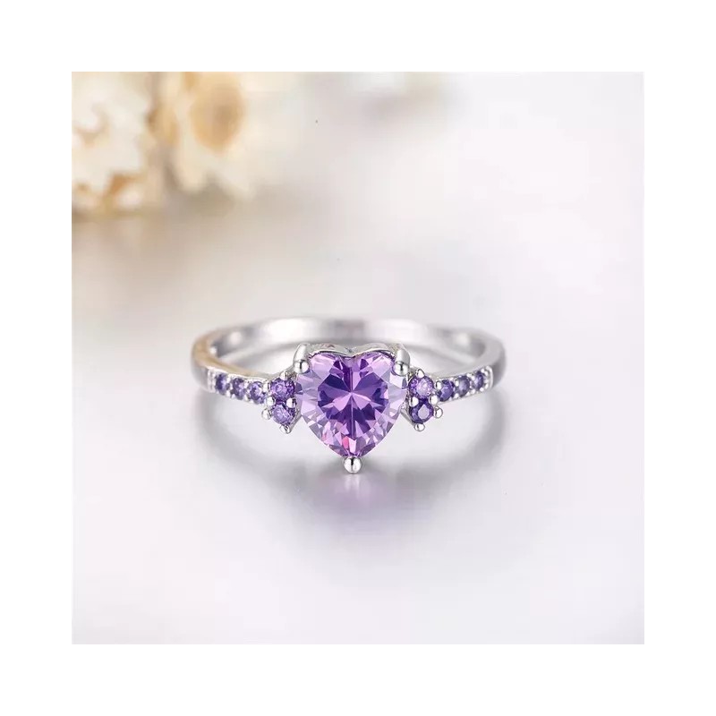 Dtup Anillo De Compromiso Corazón Morado Amatista Plata S925 Nf