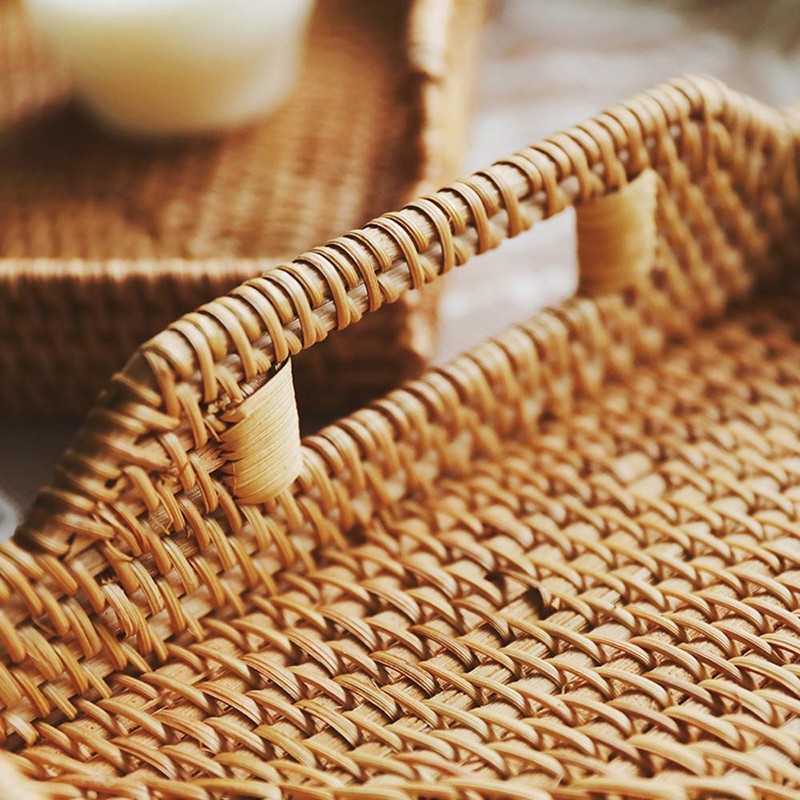 I-lan 2 Pack Rattan Rectangle Serving Basket Tray with Handle-