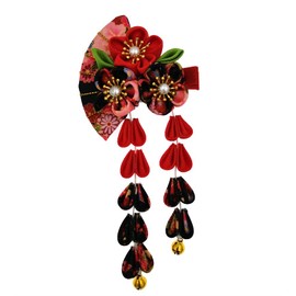 Japanese Style Women Flower Hair Clip Tassel Hair Ornament, Kimono Decor Fabric Hanfu Hairpin Accessories For Christmas Party Costume Gift (Black)