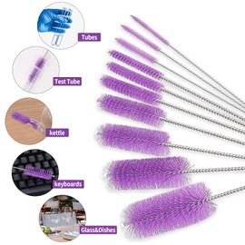 CiaraQ Bottle Cleaning Brushes, 8 Inch Nylon Tube Brush Set, Cleaner for Narrow Neck Bottles Cups with Hook, Set of 10pcs. Purple