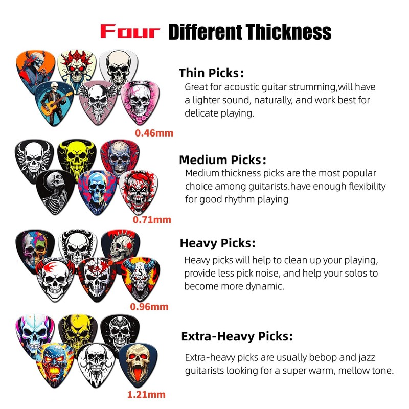 Guitar Picks 24 Pack,Skull Guitar Pick Variety Pack 4 Thicknesses(Set-9)