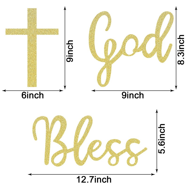 MASTRON God Bless Cross Sign for Backdrop - Glitter Gold