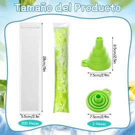 Scettar Ice Cube Bags, 200 Pieces Ice Cube Bags with 2 Funnels, Popsicle Bags, BPA Free for Yogurt, Candy, Ice Cream, Popsicle Pallet Bags, 5.5 x 28 cm