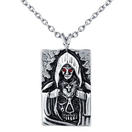 INFINIONLY Mens Stainless Steel Dog Tag Skull Necklace Vintage Square Plaque Pendant with 55cm Chain Grim Reaper Necklace with Red Zirconia Novelty Accessories for Teenagers