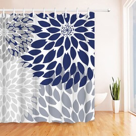 RnnJoile Blue and Gray Shower Curtain Dahlia Bathroom Curtain Blue Floral Bathroom Decor with 12 Hooks 72"x72"