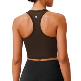 PINSPARK Womens Sports Bras Longline Workout Tops with Light Supportive Razorback Tennis Tank Top Built-in Bras Yoga Crop Tops, Espresso Brown Medium