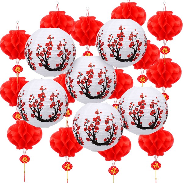20 Pieces Japanese Chinese Lanterns Decoration Includes 6 Cherry Flowers Japanese Paper Lanterns 14 Chinese Red Lanterns 12 Inch Cherry Blossom Lanterns Home Decor for New Year (White)