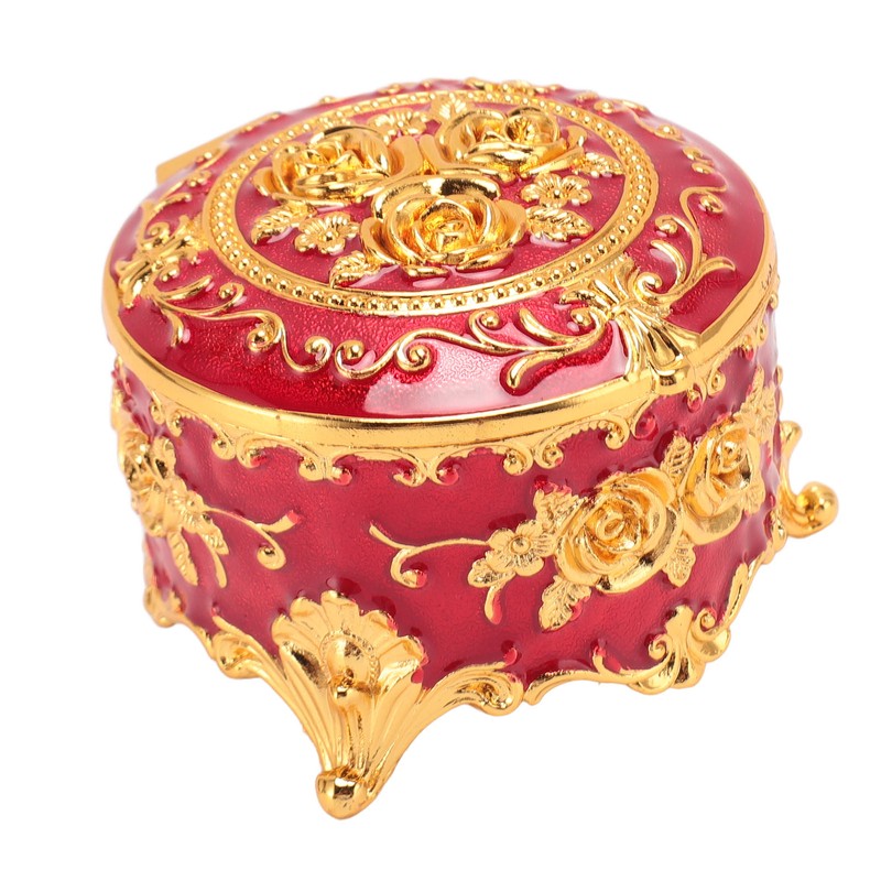 Vintage Metal Jewelry Box Round Exquisite Hand Carved Gold Flower