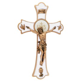 Jeweled Cross First Communion Holy Mass Crucifix with Chalice Wall Cross, 8-inches Height, Gold Tone and White, Epoxy