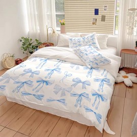 Reateforin Trendy Blue Bow Duvet Cover Queen Size Coquette Bedding Set Bowknot Bed Cover Dreamy Princess Style Kids Girls Women Super Soft Bedding Set Funky Preppy Girly Room Decor Bed Decor 88"x88"