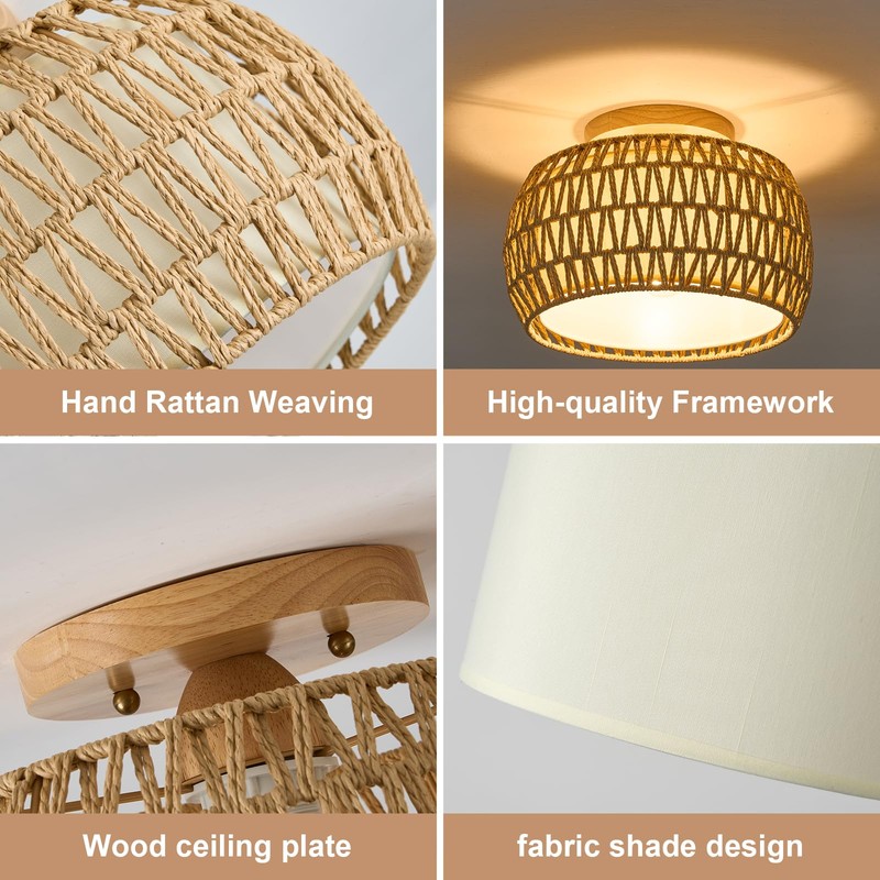 ALAISLYC Boho Rattan Flush Mount Ceiling Lights 12 Inch Farmhouse