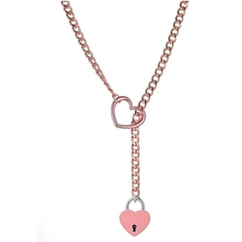 Heart O Ring Slip Chain Choker Necklace for Women Stainless Steel Cuban Chain Heart Y-shape Necklace Punk Rock Collar Necklace Adjustable Lariat Y Necklace Heart Locker With Key ﻿ (pink)