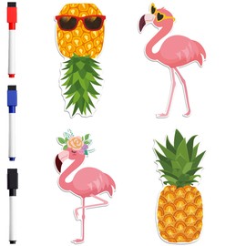 Cruise Door Magnets Decorations, 4PCS Upside Down Pineapple Flamingo Cruise Magnets, Cruising Essentials Customisable Magnetic Ship Cabin Door Signs Fridge Decor, with 3PCS Pens