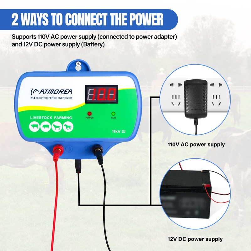 ATMOREA Electric Fence Charger 11kV Powerful Energizer ，2 Joules Energy