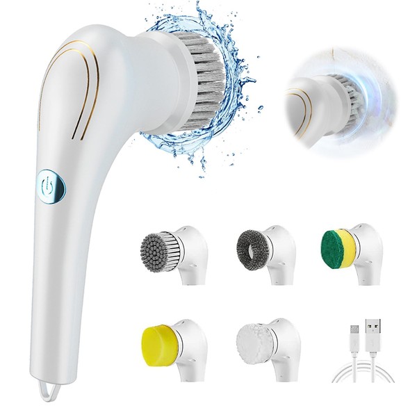 Electric Cleaning Brush Handheld Spin Scrubber 360° Cleaning Brush Electric Spin Scrubber Cordless with 5 Interchangeable Brush Heads for Bathroom, Kitchen, Tiles, Floor