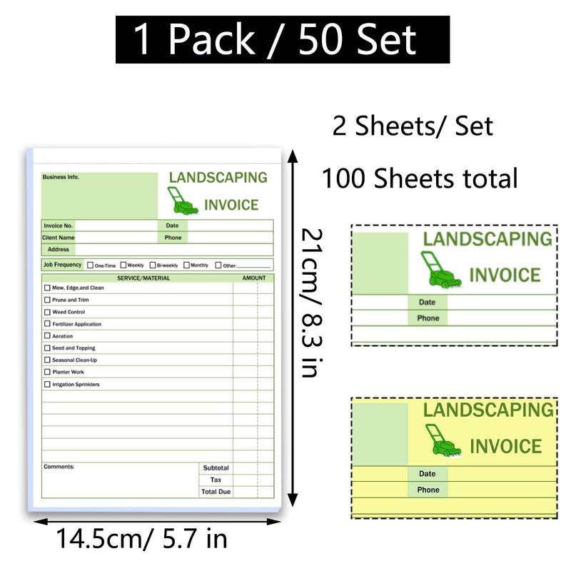 50 Sets Garden Service Invoice Receipt Book, 2-Part Carbonless Landscaping