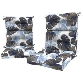 LVTXIII Outdoor Tufted High Back Cushions, Solid Fluffy Seat and Back Chair Cushion with Ties, Patio Replacement Rocking Chair Cushion for Outdoor Furniture Use (22" W x 20D, 2 Pack, Monstera Blue)