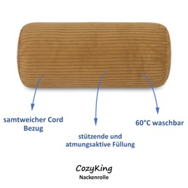 Neck Roll Corduroy Gold Neck Pillow Oeko-Tex 100 Certified and Washable at 40°C - Neck Support Pillow with Cover Round for Car, Plane, Travel or for Reading and Relaxing at Home - 15 x 40 cm