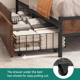 YITAHOME Queen Size Bed Frame with 4 Storage Drawers, Metal Platform Bed with Wooden Headboard and Charging Station, No Box Spring Needed, Fast Assemble, Brown