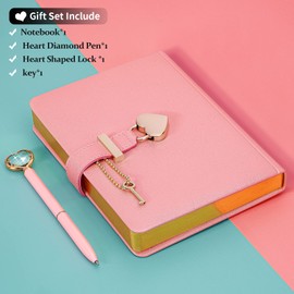 Heart Shaped Lock Diary with Key + Heart Diamond Pen Set for Girls PU Leather Cover Journal Personal Planner Organizers Secret Notebook for Women (Pearl Pink, B6(18 * 13.5CM))