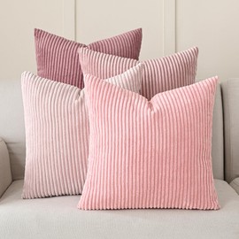 Volcanics Set of 4 Pink Corduroy Decorative Couch Throw Pillow Covers 18x18 Inch, Valentine's Day Farmhouse Striped Cushion Cases, Soft Boho Square Accent Pillow Covers for Home Sofa