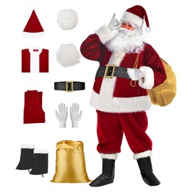 AOSUYOU Santa Claus Costume For Men, 9PCS Deluxe Santa Suit Adults Men Santa Costume Christmas Santa Outfit