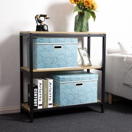 PRANDOM Large Collapsible Storage Boxes with Lids [5-Pack] Fabric Decorative Storage Bins Cubes Organizer Containers Baskets with Cover Handles for Bedroom Closet Nursery Blue 17.5x11.8x11.8 Inch