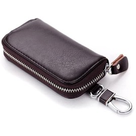 WESTONETEK Unisex Mens Womens Premium Leather Car Key Holder Bag Keychain Case Wallet with 6 Hooks Zipper Closure, Coffee