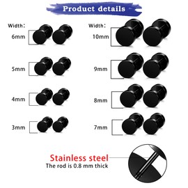 YADOCA 8 Pairs Black Stud Earrings for Men Women Stainless Steel Hypoallergenic Black Earrings Ears Plugs Screw Studs Mens Earrings Set 3mm-10mm
