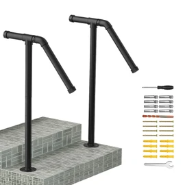 Outdoor Stair Railing Handrails for Outdoor Steps Sturdy Single Post Wrought Iron Handrail Set of 2, Black Stylish Porch Railing for Concrete Steps or Wooden Stairs, Fit 1 or 2 Steps