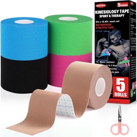 5 Rolls Waterproof Kinesiology Tape, 5 Colors 2 inch x 16.4 Feet Cotton Athletic Tape, Uncut Kinetic Tape, Elastic Muscle Tape, Sports Tape, Knee Tape for Exercise and Daily Use - Color: Skin Color