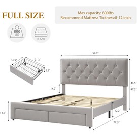 Garvee Full Size Bed Frame with 2 Storage Drawers, Vintage Velvet Headboard Bedframe with upholstered Platform, Wooden Slat Support, Noise Free, No Box Spring Needed, Beige