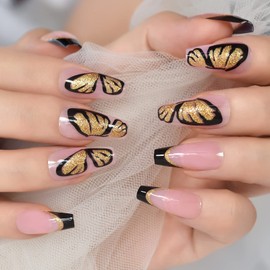 Gorgeous Gold Glitter Butterfly Press On Nails Large Image Designed Press On False Nails French Tips