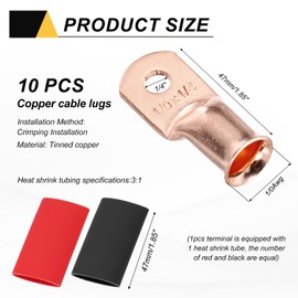 MECCANIXITY 10pcs 1/0 M6 AWG Battery Lugs Ring Terminals, 1/4" 6mm Stud Crimp Wire Terminal Connector End Copper, 3:1 Heat Shrink Tubing, Gold