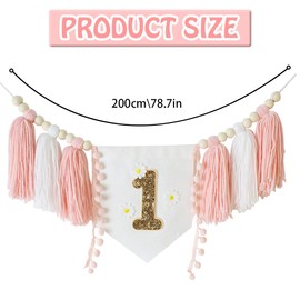 YAFLUG Pack of 1 1st Birthday Decoration, Daisy 200 cm, Handmade Boho 1st Birthday High Chair Banner, Pink Party Decoration for Girls, Baby Foam (Daisy, B)