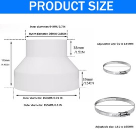 WLHFDC Reducer 150 mm to 100 mm, exhaust hose adapter with 2 stainless steel hose clamps, round pipe adapter, ventilation pipe made of ABS, reducing connector for ventilation, round pipe, ventilation