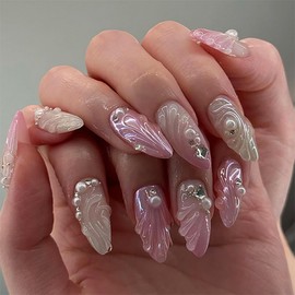 24Pcs Pink Ombre Press on Nails Medium Almond Handmade Fake Nails Nude False Nails with 3D Shell Pearl Rhinestones Designs Full Cover Summer Acrylic Crystal Nails for Women DIY Manicure