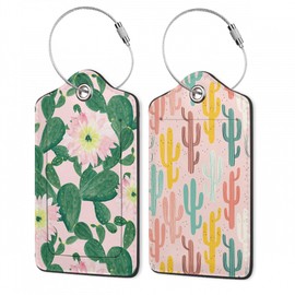 Luggage Tags for Suitcase,Watercolor Cactus Flowers Luggage Tags of Set 2 Leather Identifiers Privacy Cover with Stainless Steel Loop for Women Men Travel Bag Suitcase