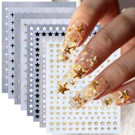 8 Sheets Star Nail Decals for Nail Art Black White Celestial Nail Stickers Gold Silver Star Nail Art Stickers Holiday Nail Design Decals 3D Self-Adhesive Pentagram Nail Decor Supplies for Women