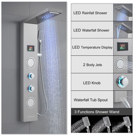 ROVATE Shower Panel Tower System with LED Rainfall Waterfall Shower Head, 5-in-1 LED Stainless Steel Shower Panel System with Body Massage Jets, Handheld Shower and Tub Spout, Brushed Finish